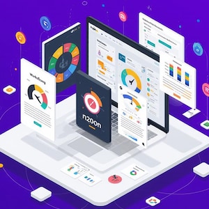 May include: An isometric illustration featuring a laptop displaying data visualizations and workflow diagrams. The image includes the text "n8n" and "2000+ Workflows," along with a "Mega Automation Vault" badge. The color scheme is primarily purple, white, and orange.