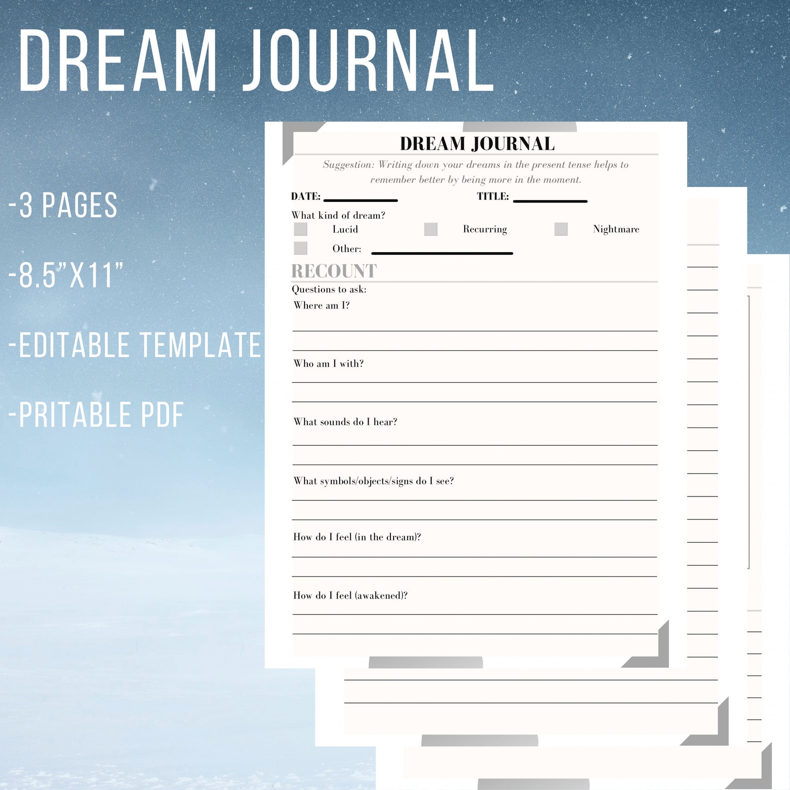 Printable Dream Journal Digital Download PDF Etsy