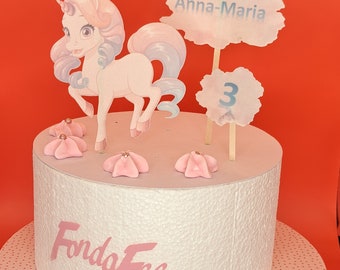 Hermosa decoración de pastel comestible unicornio con nube de nombre y número hecho de papel comestible (papel de oblea)