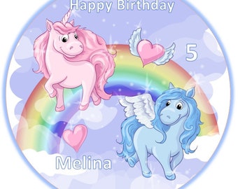 Adorno para tarta de unicornio con texto personalizado, nombre, papel de oblea premium/papel decorativo plus, sin gluten, sin lactosa, kosher