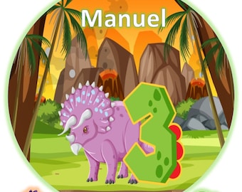 Adorno para tarta de dinosaurio con 4 dinosaurios, nombres de texto deseados, papel de oblea premium/papel decorativo Plus, sin gluten, sin lactosa, kosher