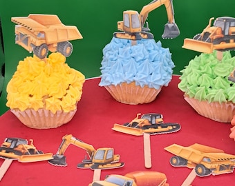 12 edible muffin toppers / cakes / cupcake construction site made of edible paper