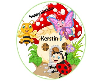 Pastel topper champiñón para la fiesta de cumpleaños de los niños con el texto deseado Papel de oblea Premium / papel de decoración Plus Sin gluten Sin lactosa Kosher