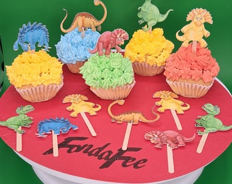 12 adornos comestibles para muffins / pasteles / pasteles / cupcakes de dinosaurios hechos de papel comestible