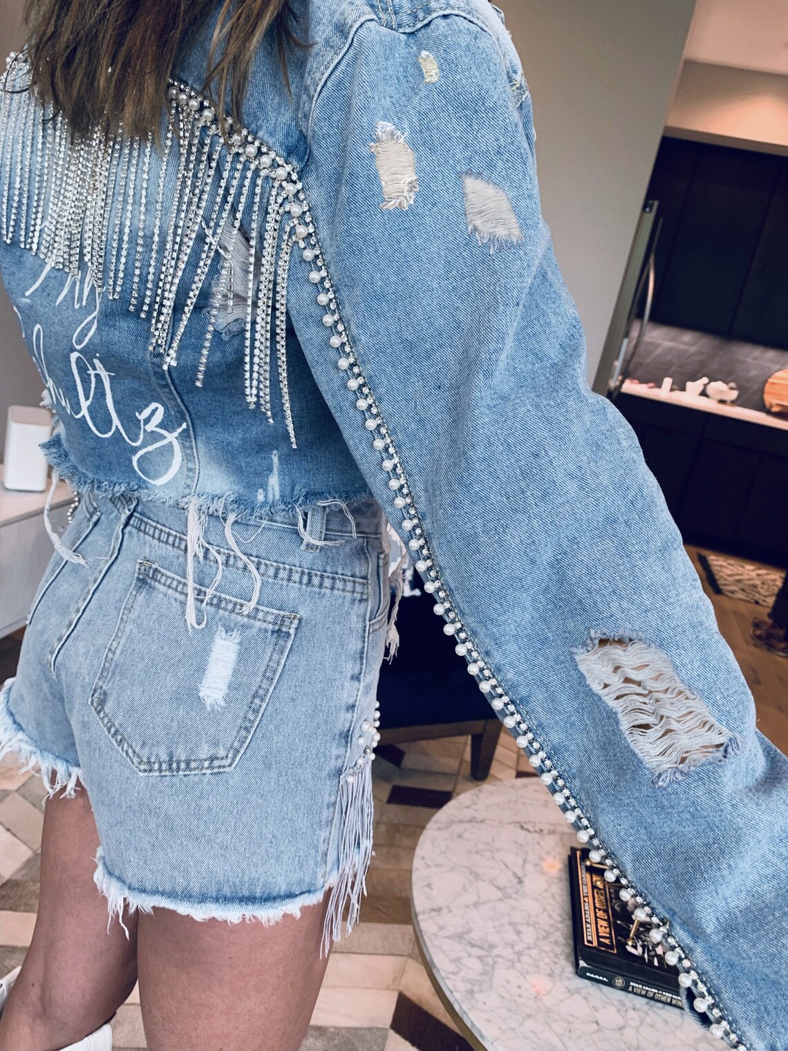 Denim Jacket Custom Rhinestone Fringe Bridal Jean Jacket Etsy