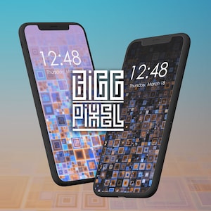 May include: Two black smartphones with a pixelated design on the screen. The time is 12:48 on both phones. The text "BIG PIXEL" is in the center of the image.