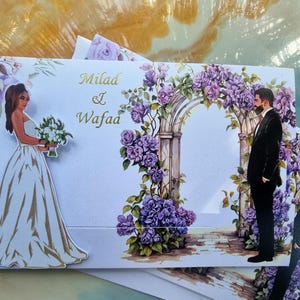 Invitación de boda deslizante con acuarela para novia, caras personalizables, conjunto de invitaciones de boda móviles con lámina dorada, dibujos románticos