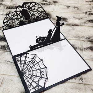 Invito a nozze pop-up gotico, volti tagliati al laser personalizzabili, suite di inviti di nozze unici, fumetti romantici