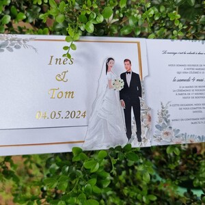 Hochzeit Schiebebraut Hochzeitseinladung, Gesichter anpassen, Goldfolie bewegliche Hochzeitseinladung, Romantische Cartoons