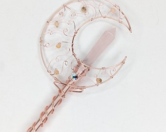 Rose Quartz Crescent Moon Crystal Wand.  Fantasy gift | Copper Wand | Moon wand