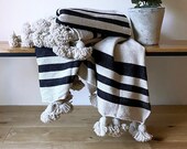 Moroccan Berber Black and Natural Striped Throw Blanket with Pom Poms 100 Cotton 165 x 255cm