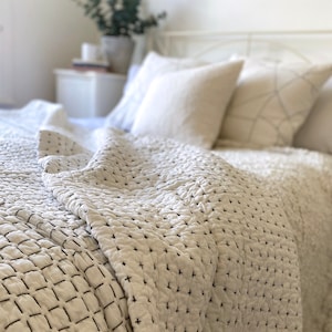 Otilly Kantha Hand Stitched Embroidered Quilted Throw Blanket Quilt, Black & Ivory, Sustainable Eco Friendly 100% Cotton