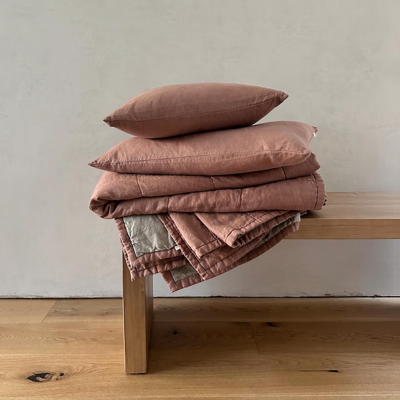 Dusty blush pink linen quilt and pillows