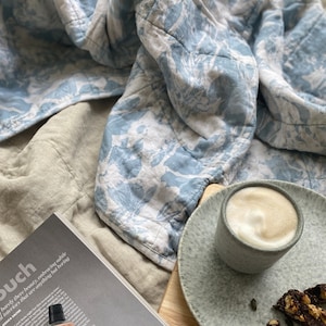 The Everly Quilted Hand Painted Floral Throw Blanket Quilt, Duck Egg Pale Blue, Sustainable Eco Friendly Linen Cotton