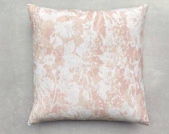 The Everly Cushion, Faded Pale Pink, Hand Painted Floral Print, Sustainble Eco Friendly Linen and Cotton, 50cm x 50cm