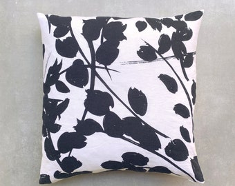 Livia Cushion Hand Painted Abstract Floral Linen and Cotton Black and Ivory 50cm x 50cm