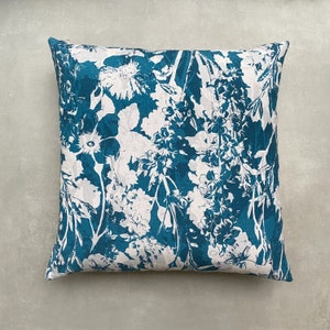 The Everly Cushion, Turquoise Blue Green, Hand Painted Floral Print, Sustainable Eco Friendly Linen and Cotton, 50cm x 50cm