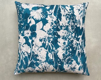 The Everly Cushion, Turquoise Blue Green, Hand Painted Floral Print, Sustainable Eco Friendly Linen and Cotton, 50cm x 50cm