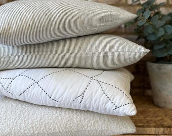 Miller 100% Linen Black and Ivory Striped  Lumbar Cushion 37x56cm