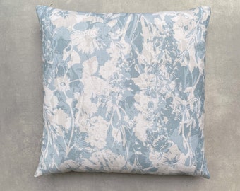 The Everly Cushion, Duck Egg Pale Blue, Hand Painted Floral Print, Sustainable Eco Friendly Linen and Cotton, 50cm x 50cm