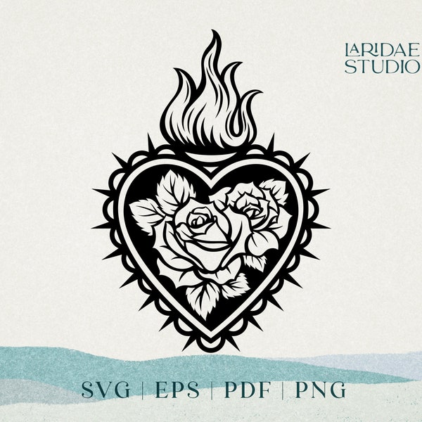 Sagrado Corazón Roses Bouquet SVG, Heilig Hart Clipart, Flaming Heart Met Rozen tattoo ontwerp PNG, Snijbestand voor Cricut