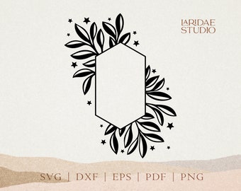 Floral frame SVG, Leaves monogram botanical frame with stars svg, Frame clipart, Floral Wedding template, Cut file for Cricut