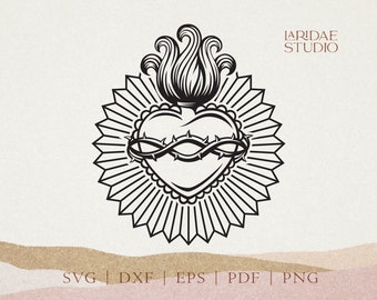 Sacred Heart svg, Sagrado Corazón clipart, Flaming heart with thorn tattoo design png, Fichier de coupe pour Cricut