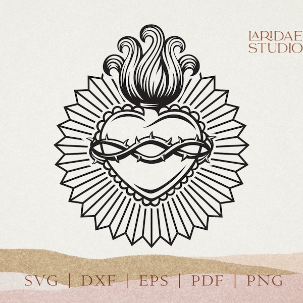 Sacred Heart svg, Sagrado Corazón clipart, Flaming heart with thorn tattoo design png, Cutting file for Cricut