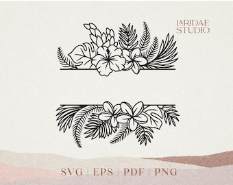 Tropical Floral Split Monogram svg, Flower border cut file, Wedding monogram SVG, Flower bouquet SVG, Tropical clipart PNG, file for Cricut