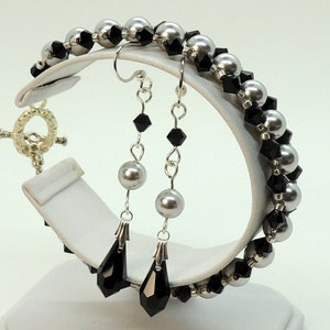 Swarovski Gray Pearls and Black Crystal Bracelet and Earrings