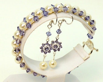 Swarovski Pearl and Blue Crystal Bracelet and Earrings