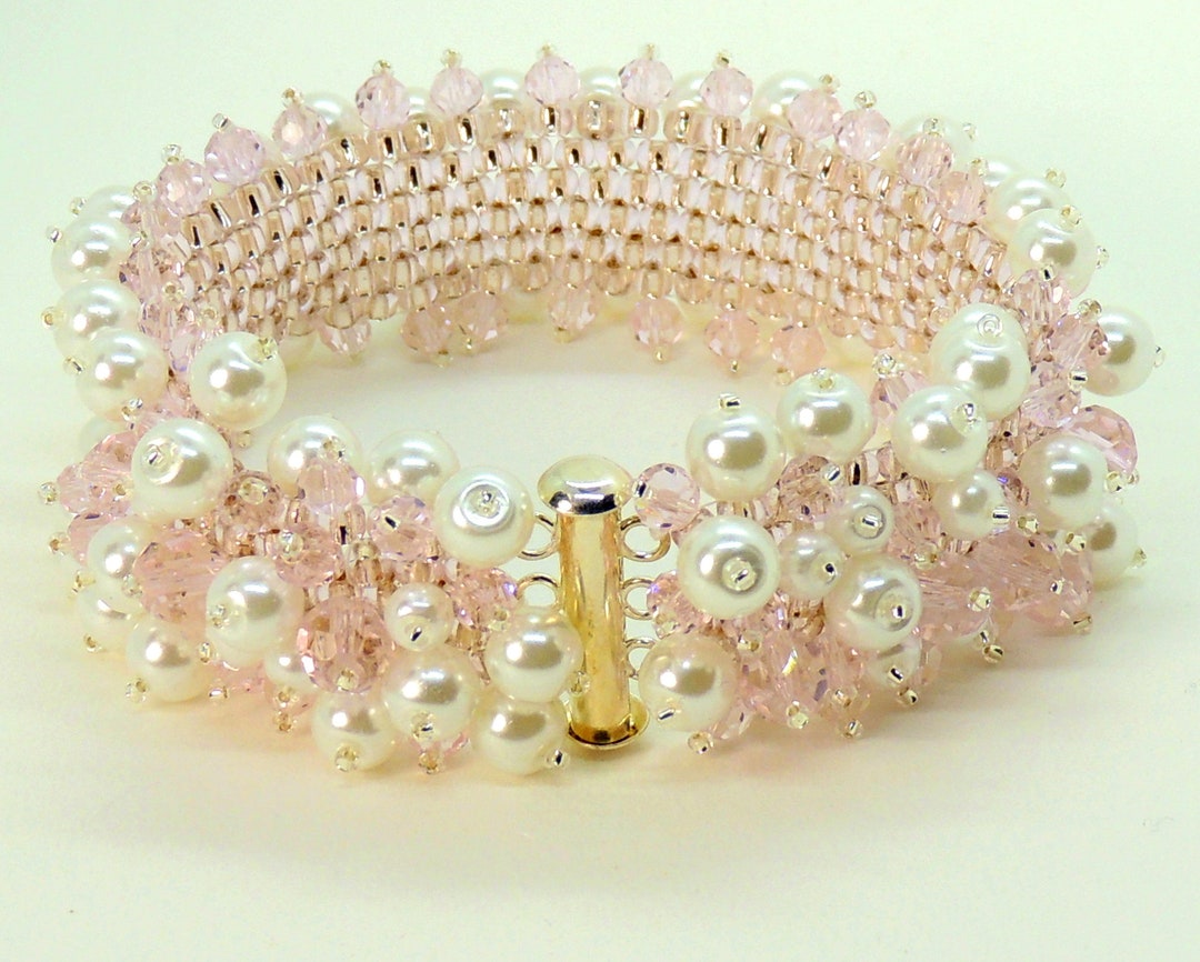 Pink Cuff Bracelet Pearls and Crystals Etsy.de