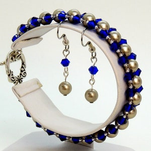 Swarovski Jewelry, Blue Crystals and Gray Pearl Bracelet and Earrings