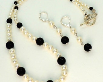 Black Onyx and Swarovski Pearl Necklace and Earrings