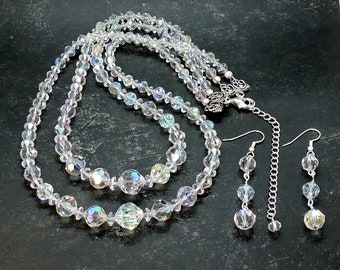 Vintage Crystal jewelry, 2 Strand Necklace and Earrings