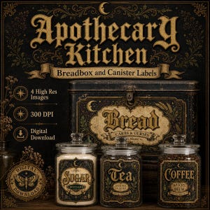 May include: A digital download set featuring labels for a breadbox and canisters. The labels display text including Apothecary Kitchen, Bread, Sugar, Tea, and Coffee with ornate gold-toned typography and celestial motifs on a dark background.