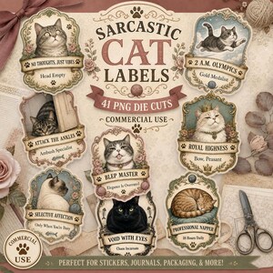 May include: A collection of 41 digital die-cut labels featuring various cat illustrations and humorous text such as No Thoughts Just Vibes, 2 A.M. Olympics, Attack The Ankles, Blep Master, Royal Highness, Selective Affection, and Void With Eyes.