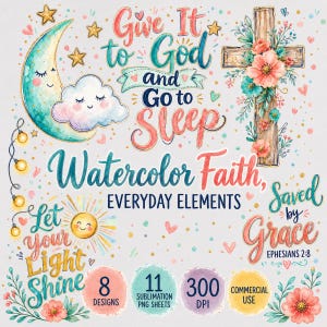 Pacchetto di clipart PNG ad acquerello sulla fede quotidiana, sublimazione cristiana, Scritture, citazioni motivazionali