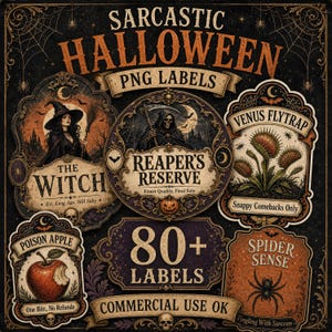 Może przedstawiać: Kolekcja dekoracyjnych etykiet Halloween w formacie PNG z ilustracjami w stylu vintage przedstawiającymi czarownicę, żniwiarza, muchołówkę, nadgryzione jabłko i pająka. Tekst zawiera Sarcastic Halloween PNG Labels, The Witch, Reaper's Reserve, Venus Flytrap, Poison Apple oraz Spider Sense.