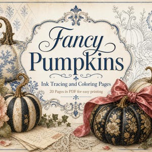 May include: A digital collection of Fancy Pumpkins ink tracing and colouring pages featuring 20 PDF pages. The design displays decorative pumpkins with blue and gold floral patterns, a large pink ribbon, and a soft peach flower on a cream background.