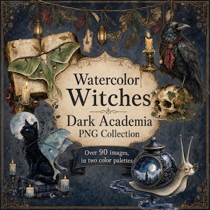Puede incluir: Una colección digital con ilustraciones en acuarela de un gato negro con alas de polilla, un cuervo sobre una calavera, una polilla en un libro abierto, velas y un caracol con una concha que contiene una escena nocturna. Texto Watercolor Witches Dark Academia.