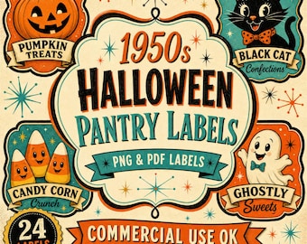 Etiketter för Halloween-skafferi från 1950-talet, retro godispapper från mitten av århundradet (digital nedladdning)
