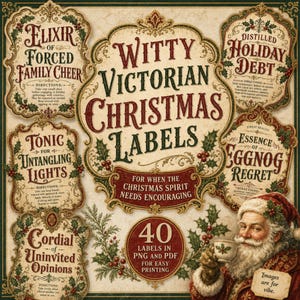 Puede incluir: Una colección de etiquetas navideñas decorativas de estilo victoriano con bordes ornamentados, detalles de acebo y texto que incluye Elixir of Forced Family Cheer, Distilled Holiday Debt, Tonic for Untangling Lights, Essence of Eggnog Regret y Cordial of Uninvited Opinions.