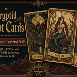 May include: A 22-card Cryptid Tarot deck featuring illustrated cards titled The Bridge and The Tide Mother, with a third card showing an eye and butterfly design. The text reads Cryptid Tarot Cards, 22 Card Fully Illustrated Deck, and Double Sided PDF Includes Back of Cards, so you can print a real deck!