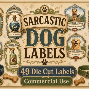 Könnte beinhalten: Eine Sammlung von 49 gestanzten Etiketten mit dem Titel Sarcastic Dog Labels, die Illustrationen im Vintage-Stil von Hunden, Zaubertränken und humorvollen Texten wie Beware Ball Obsession, Zoomies Serum und Belly Rub Balm sowie zwei Hundehalsbänder zeigen.