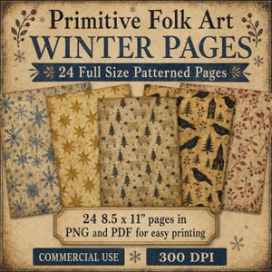 Może przedstawiać: Kolekcja 24 wzorzystych stron zatytułowanych Primitive Folk Art WINTER PAGES. Strony zawierają wzory przedstawiające niebieskie płatki śniegu, złote gwiazdy, owce z drzewami, czarne ptaki z budynkami oraz czerwone jagody na arkuszach o wymiarach 21,59 x 27,94 cm.