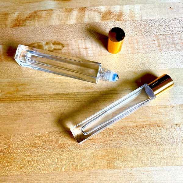 10ml Tall Square Roller Bottles-Gold Cap, Stainless Steel Roller Ball