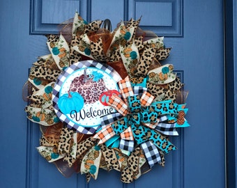 Fall Teal and Leopard Pumpkin Welcome Wreath