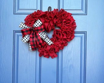 Valentine Dark Red Burlap Heart Wreath with Checkered Ribbons Bow