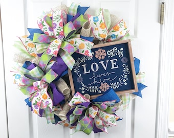 Spring multi colored ribbon and mesh wreath